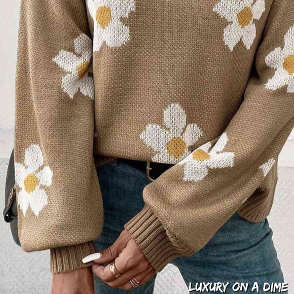 Daisy Flower Knit Minimalist Pullover Classic Long Sleeve Sweater Retro Shirt - Picture 4 of 7